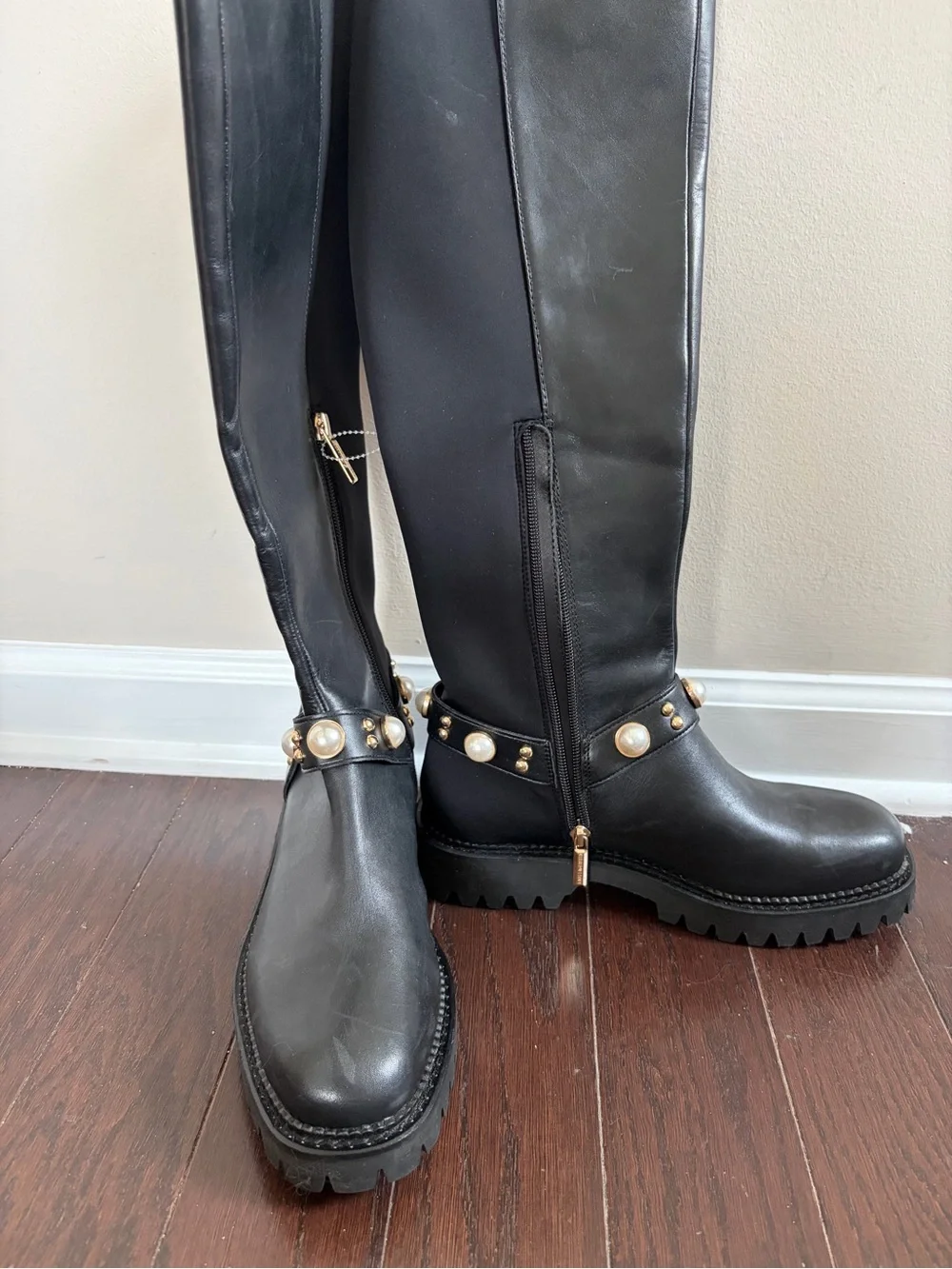Bougie Black Pearl-Studded Karl Lagerfeld Leather Knee-High Combat Boots - NEW 8